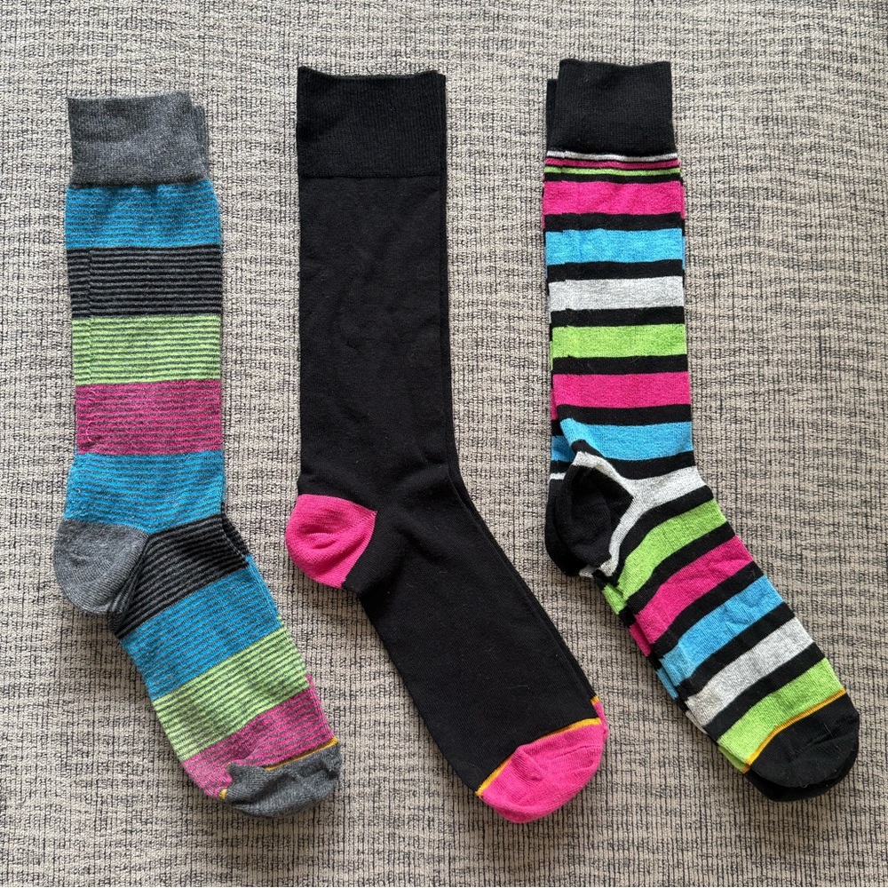 3 pairs of Men’s Gold Toe Crew Cut Socks in Black, Pink, Blue, and Green